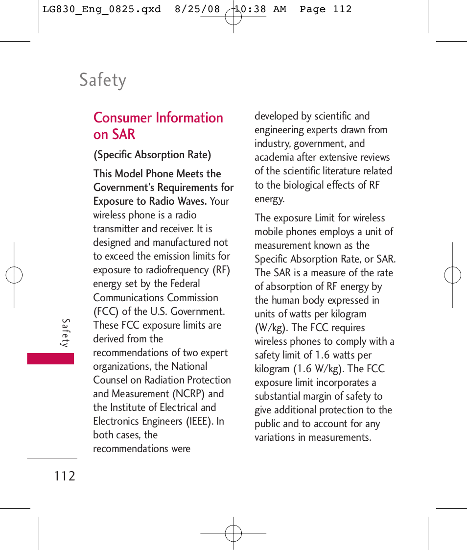 Safety, Consumer information on sar | LG LG830 User Manual | Page 114 / 255