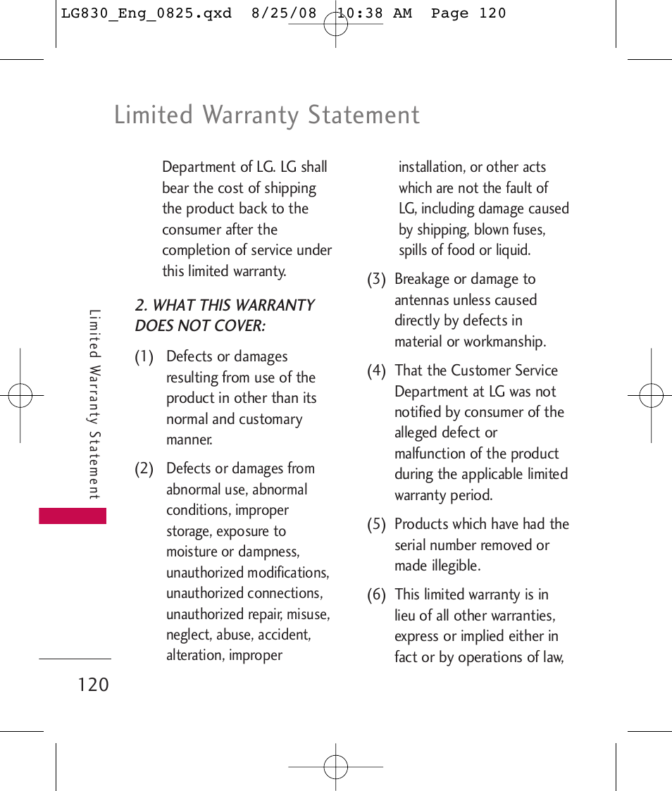 Limited warranty statement | LG LG830 User Manual | Page 122 / 255