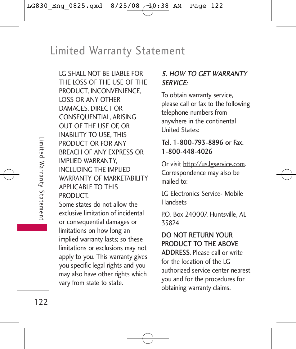 Limited warranty statement | LG LG830 User Manual | Page 124 / 255