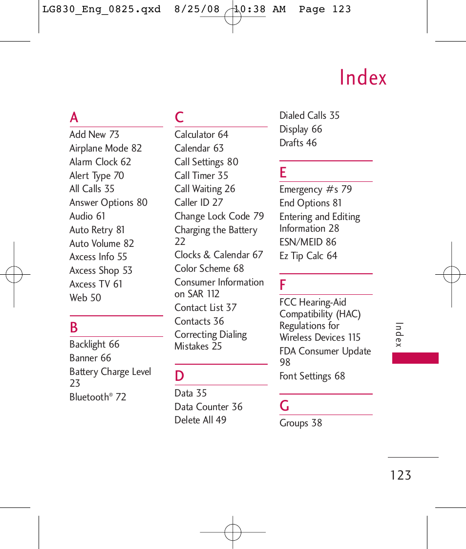 Index | LG LG830 User Manual | Page 125 / 255