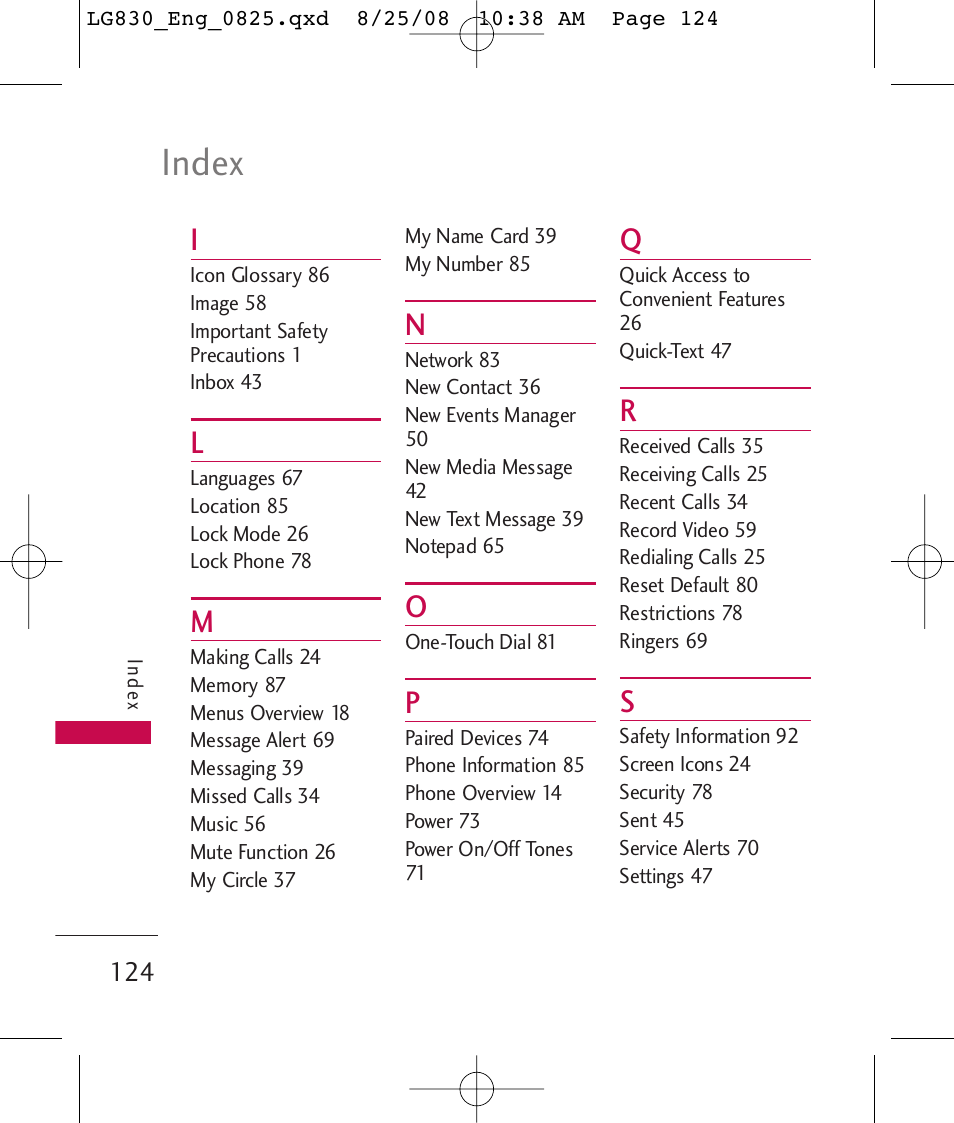 Index | LG LG830 User Manual | Page 126 / 255