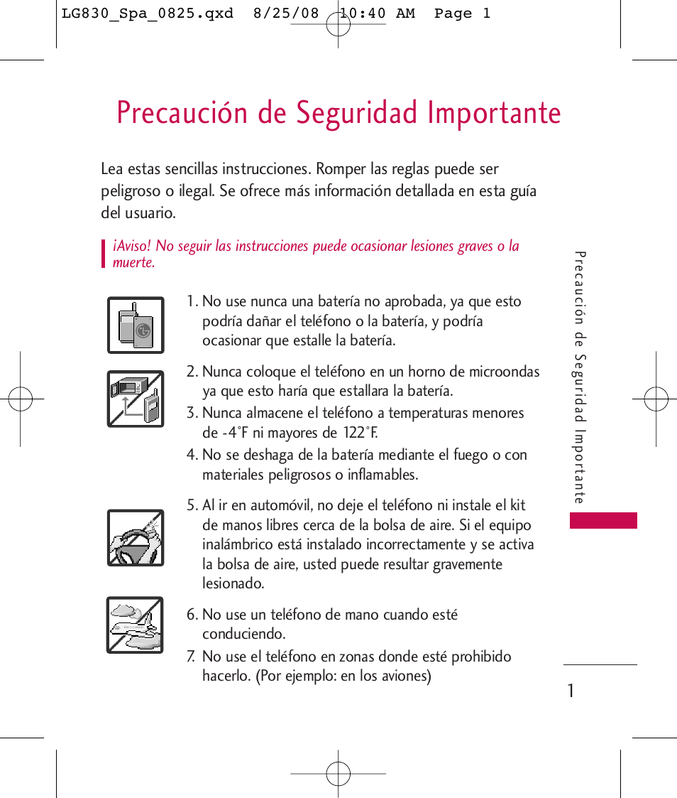 Precaución de seguridad importante | LG LG830 User Manual | Page 128 / 255