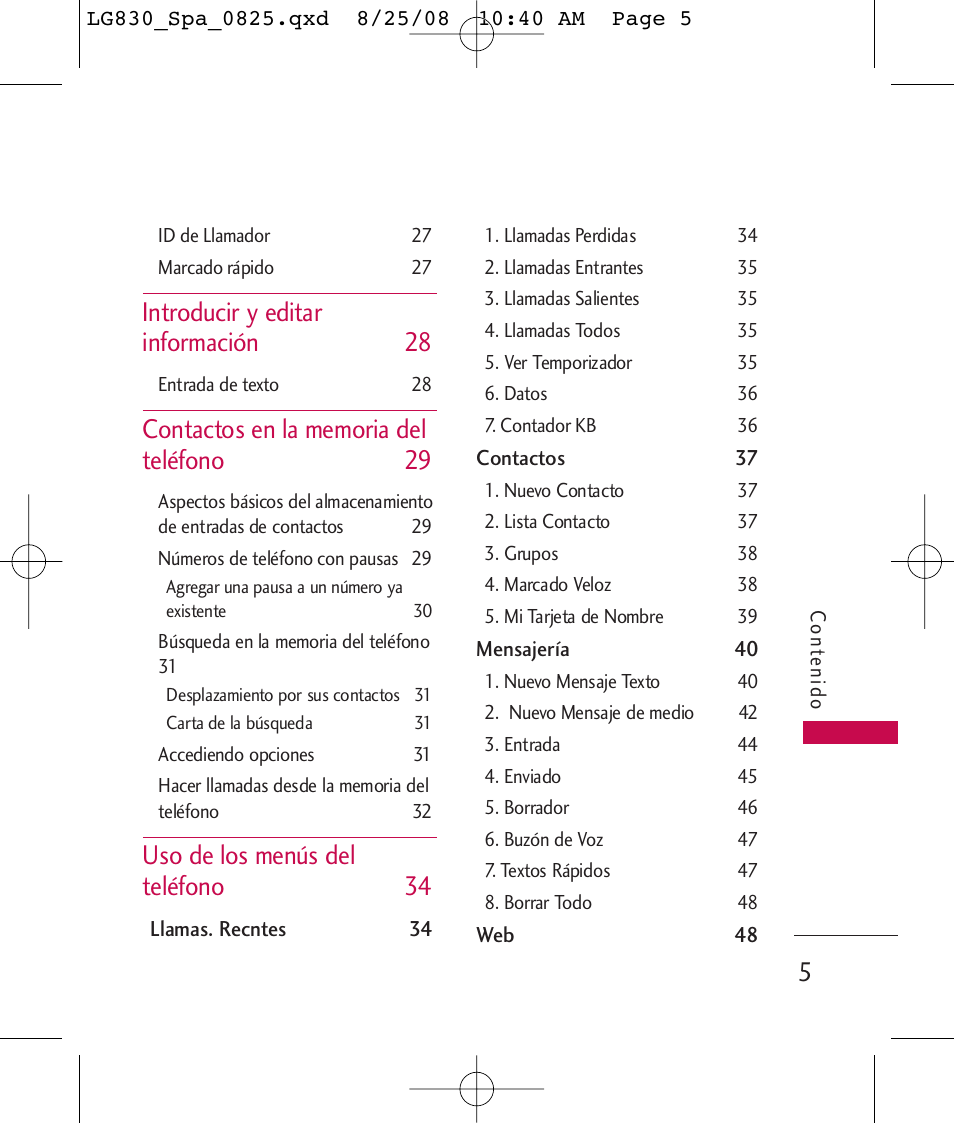 Introducir y editar información 28, Uso de los menús del teléfono 34 | LG LG830 User Manual | Page 132 / 255