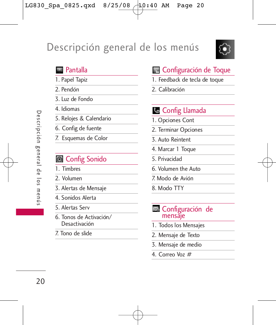 Descripción general de los menús, Pantalla, Config sonido | Configuración de toque, Config llamada, Configuración de mensaje | LG LG830 User Manual | Page 147 / 255