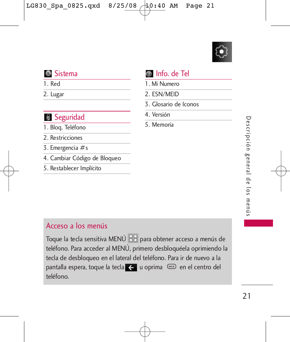 Sistema, Seguridad, Info. de tel | Acceso a los menús | LG LG830 User Manual | Page 148 / 255