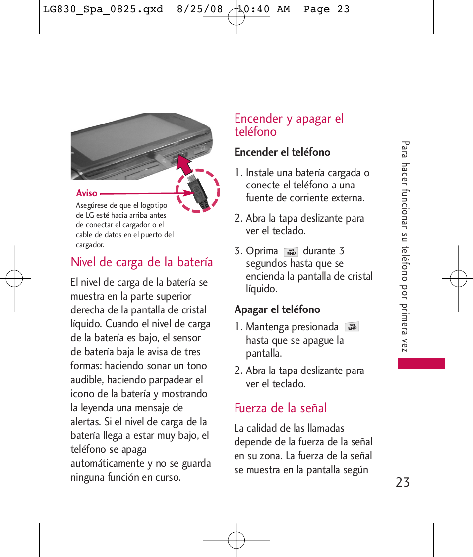 Nivel de carga de la batería, Encender y apagar el teléfono, Fuerza de la señal | LG LG830 User Manual | Page 150 / 255