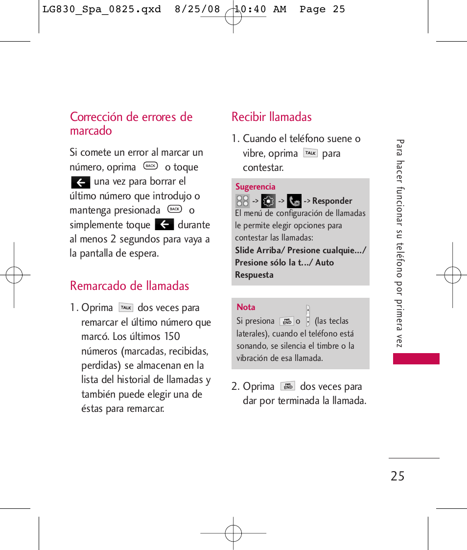 Corrección de errores de marcado, Remarcado de llamadas, Recibir llamadas | LG LG830 User Manual | Page 152 / 255