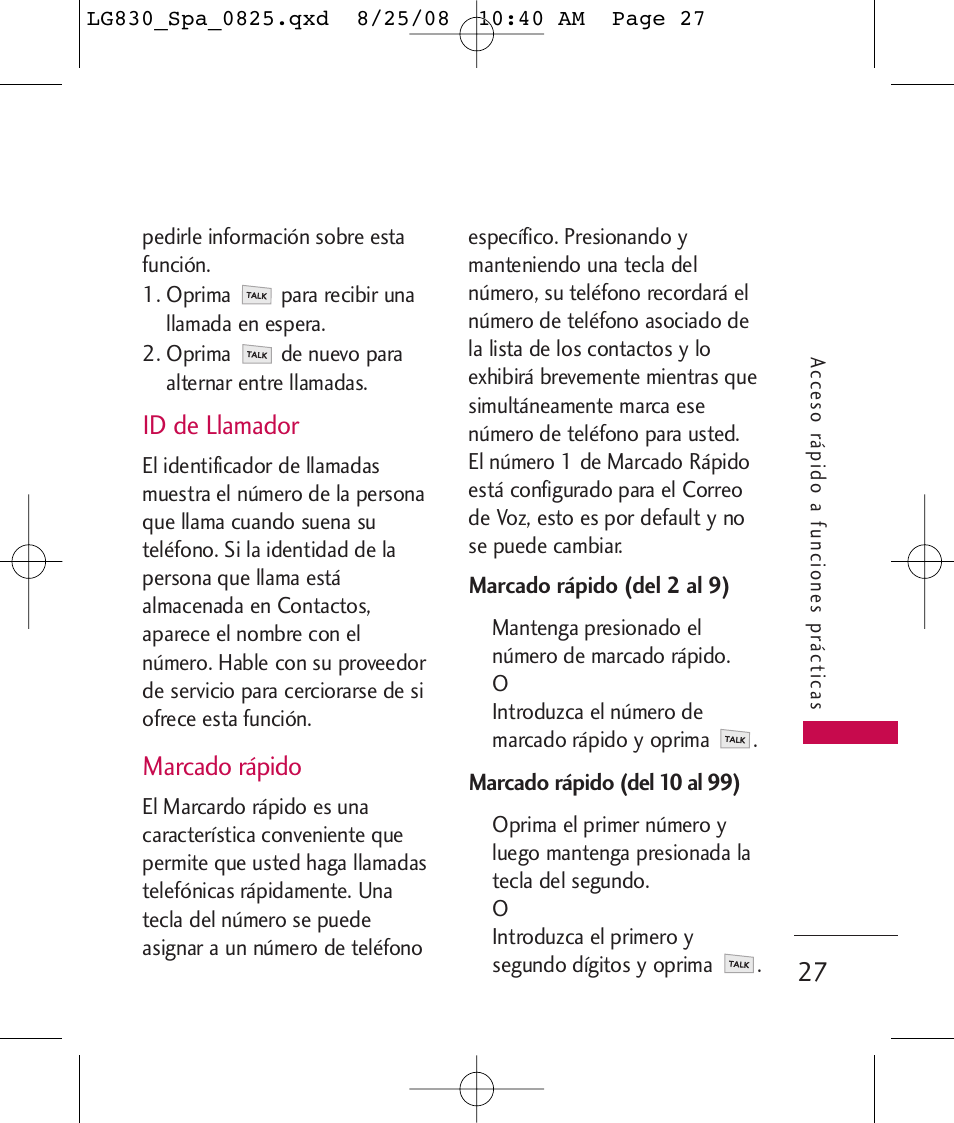 Id de llamador, Marcado rápido | LG LG830 User Manual | Page 154 / 255