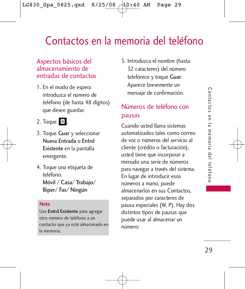 Números de teléfono con pausas | LG LG830 User Manual | Page 156 / 255