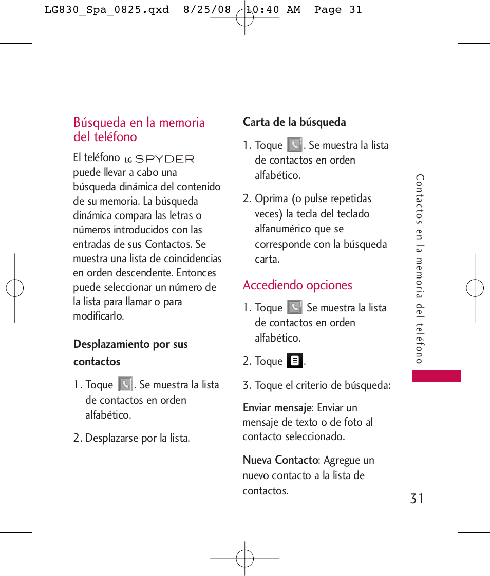 Accediendo opciones | LG LG830 User Manual | Page 158 / 255