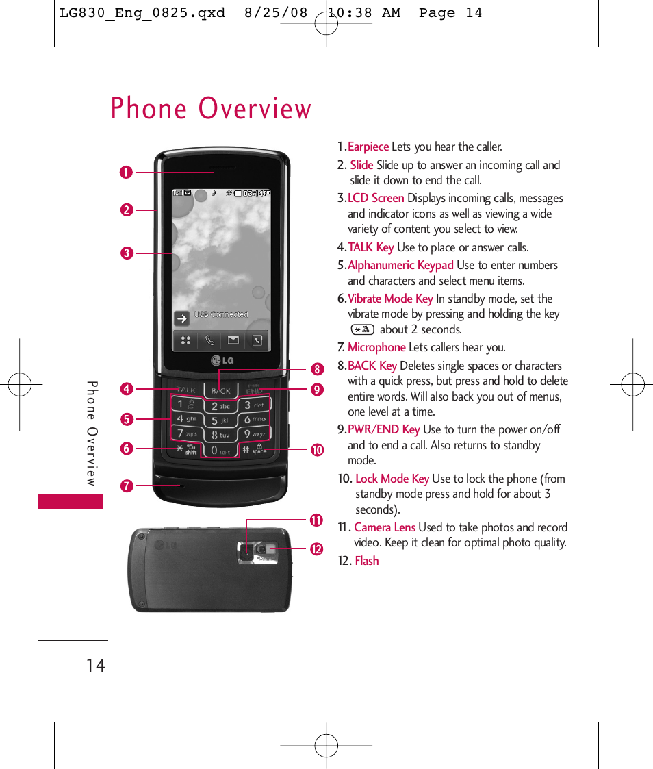 Phone overview | LG LG830 User Manual | Page 16 / 255