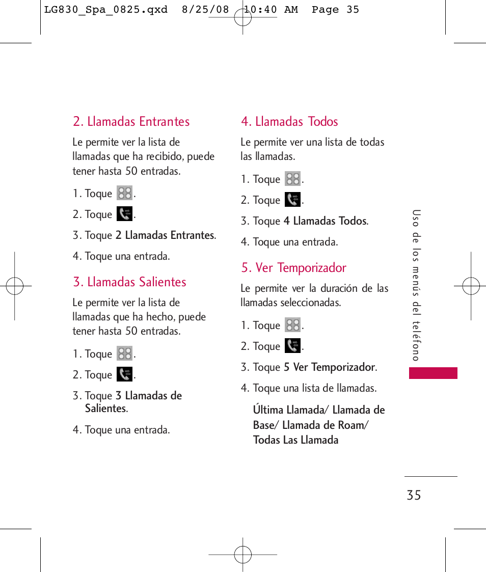 Llamadas entrantes, Llamadas salientes, Llamadas todos | Ver temporizador | LG LG830 User Manual | Page 162 / 255