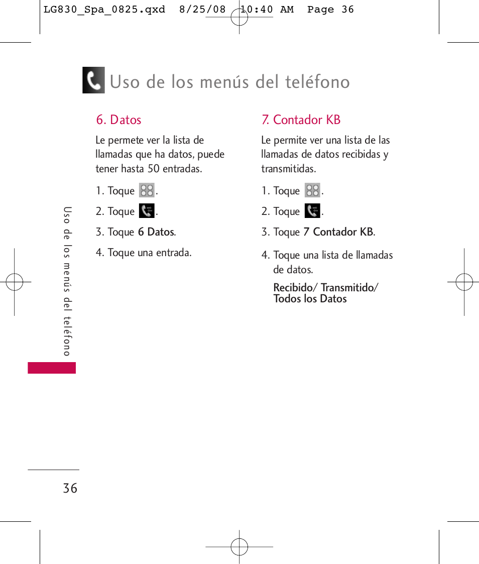 Uso de los menús del teléfono, Datos, Contador kb | LG LG830 User Manual | Page 163 / 255