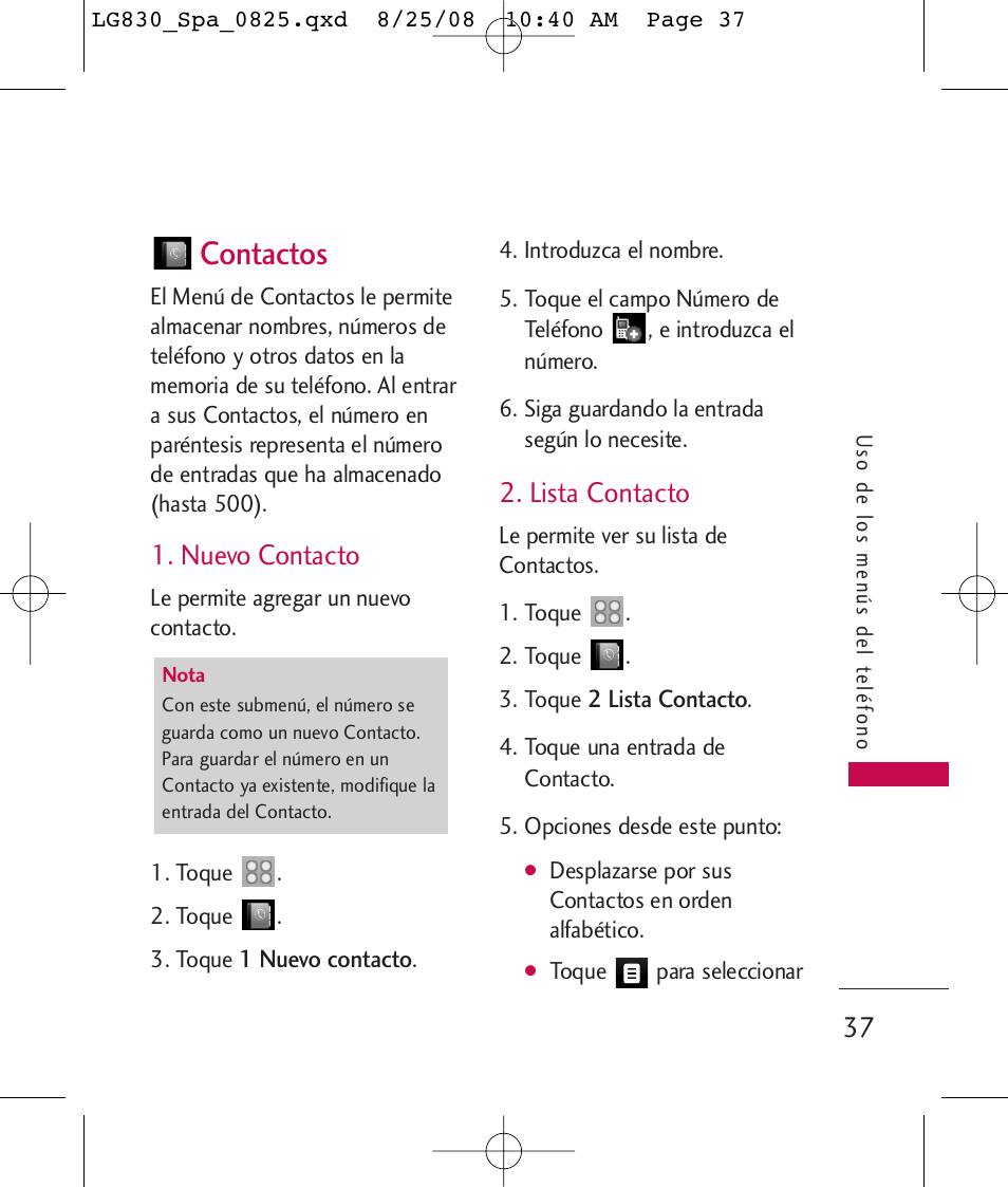 Contactos, Nuevo contacto, Lista contacto | LG LG830 User Manual | Page 164 / 255