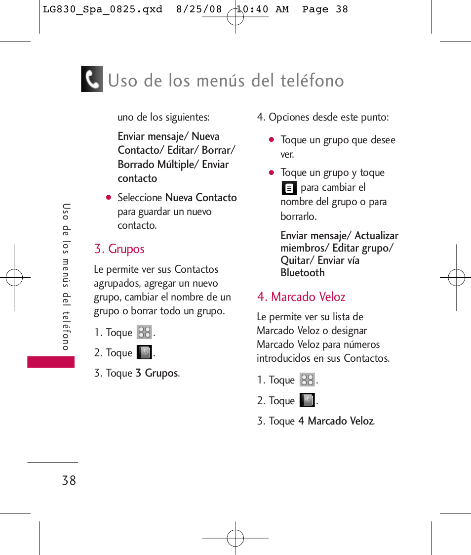 Uso de los menús del teléfono, Grupos, Marcado veloz | LG LG830 User Manual | Page 165 / 255