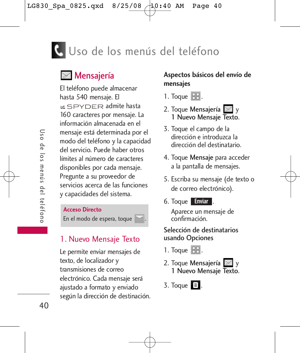 Uso de los menús del teléfono, Mensajería, Nuevo mensaje texto | LG LG830 User Manual | Page 167 / 255