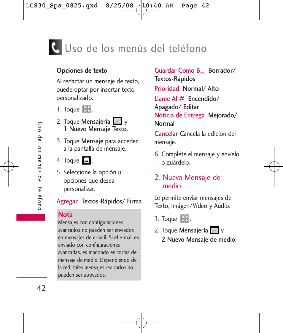 Uso de los menús del teléfono, Nuevo mensaje de medio | LG LG830 User Manual | Page 169 / 255