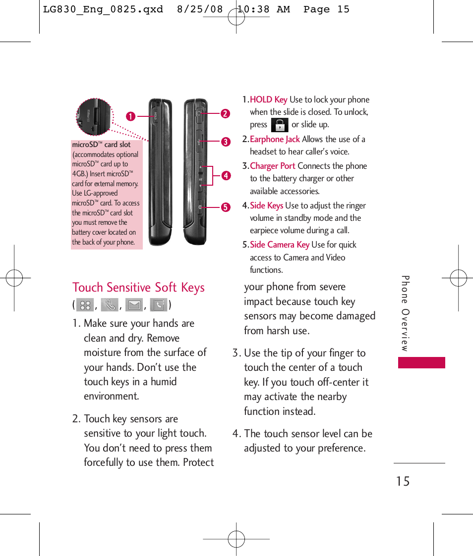 Touch sensitive soft keys | LG LG830 User Manual | Page 17 / 255