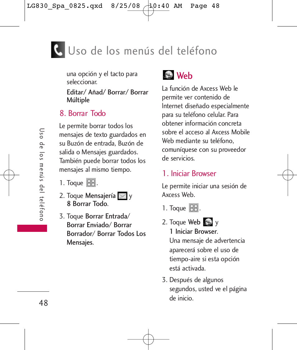 Uso de los menús del teléfono, Borrar todo, Iniciar browser | LG LG830 User Manual | Page 175 / 255
