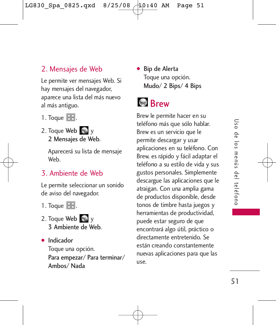 Brew, Mensajes de web, Ambiente de web | LG LG830 User Manual | Page 178 / 255