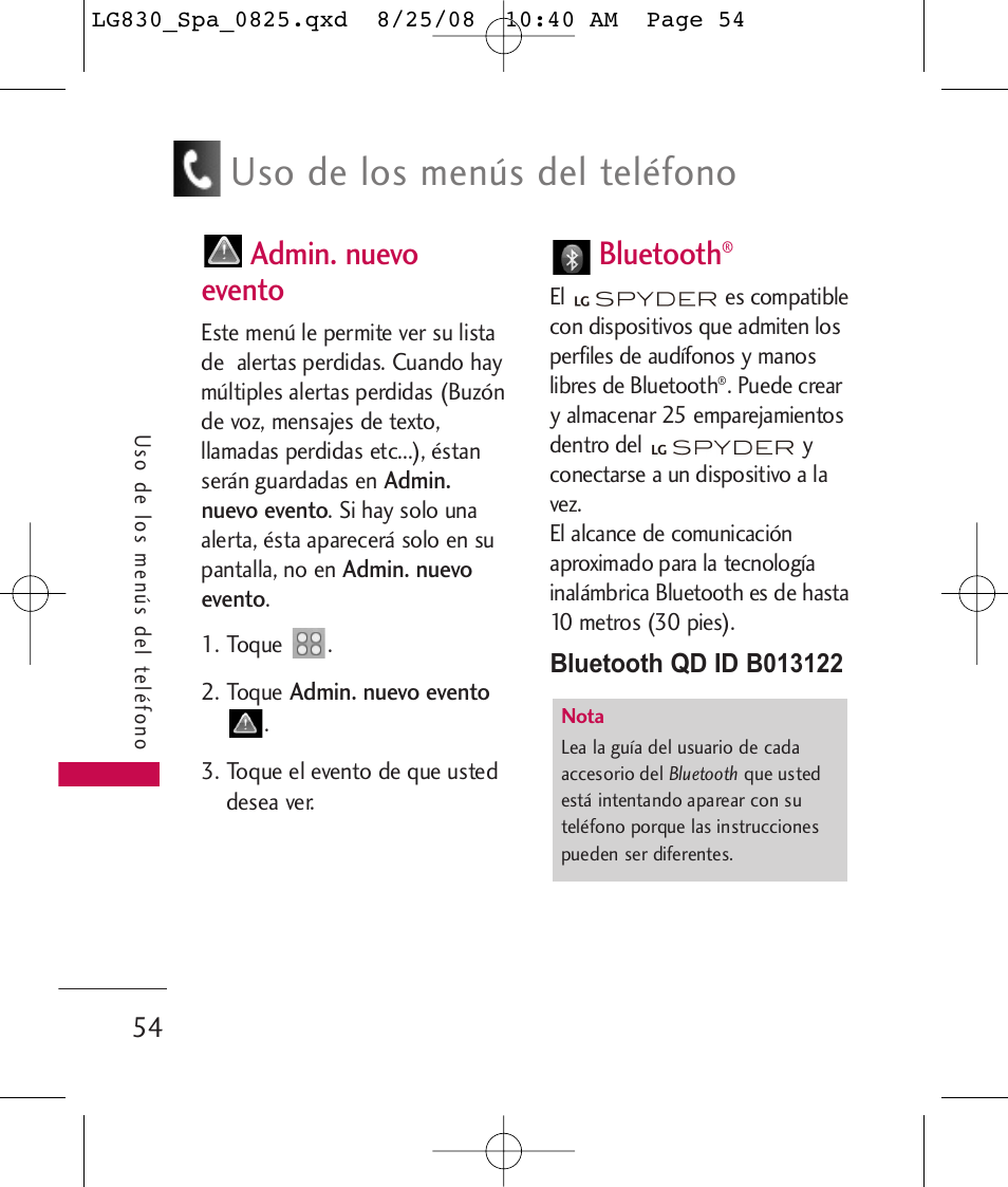 Uso de los menús del teléfono, Admin. nuevo evento, Bluetooth | LG LG830 User Manual | Page 181 / 255