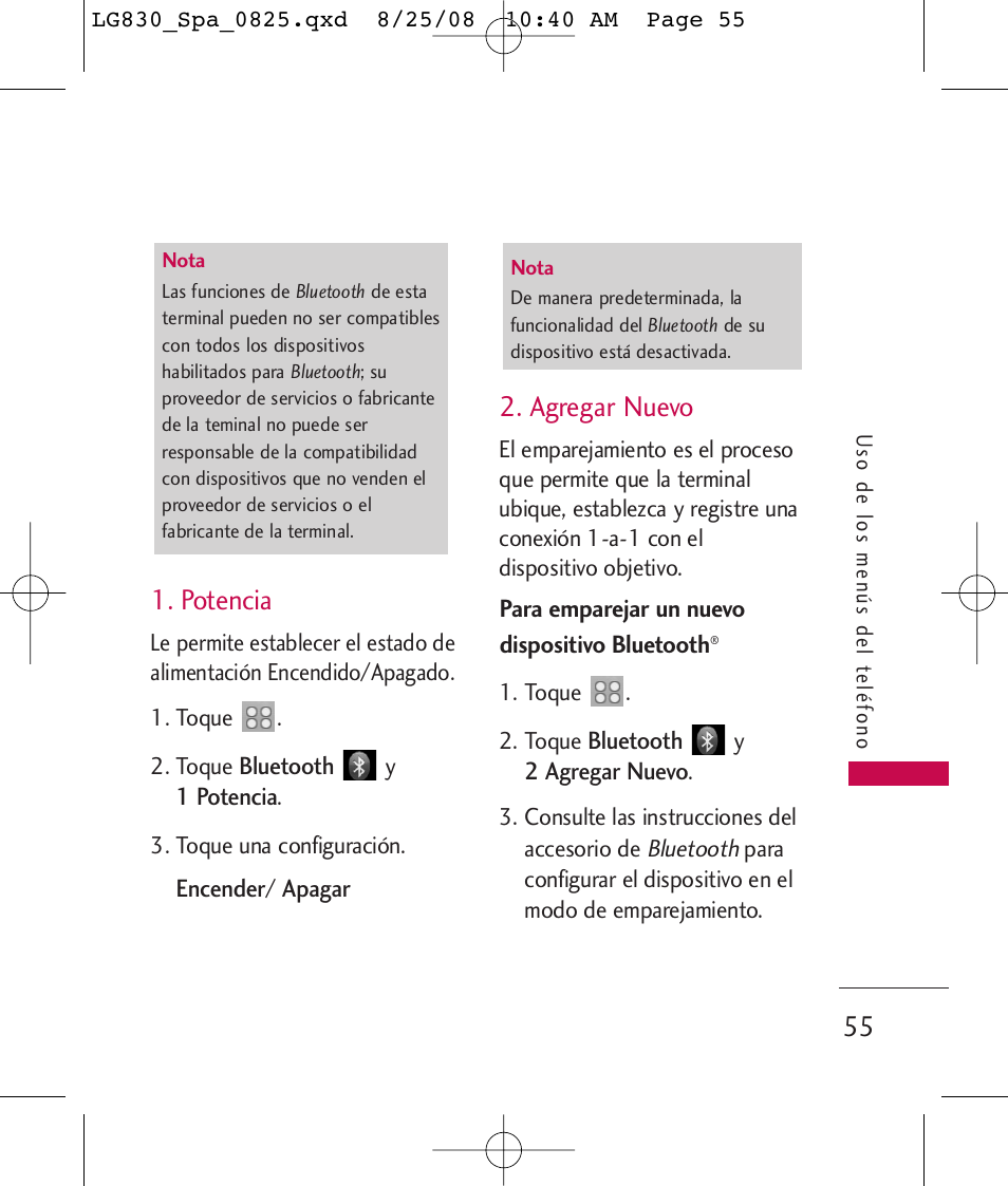 Potencia, Agregar nuevo | LG LG830 User Manual | Page 182 / 255