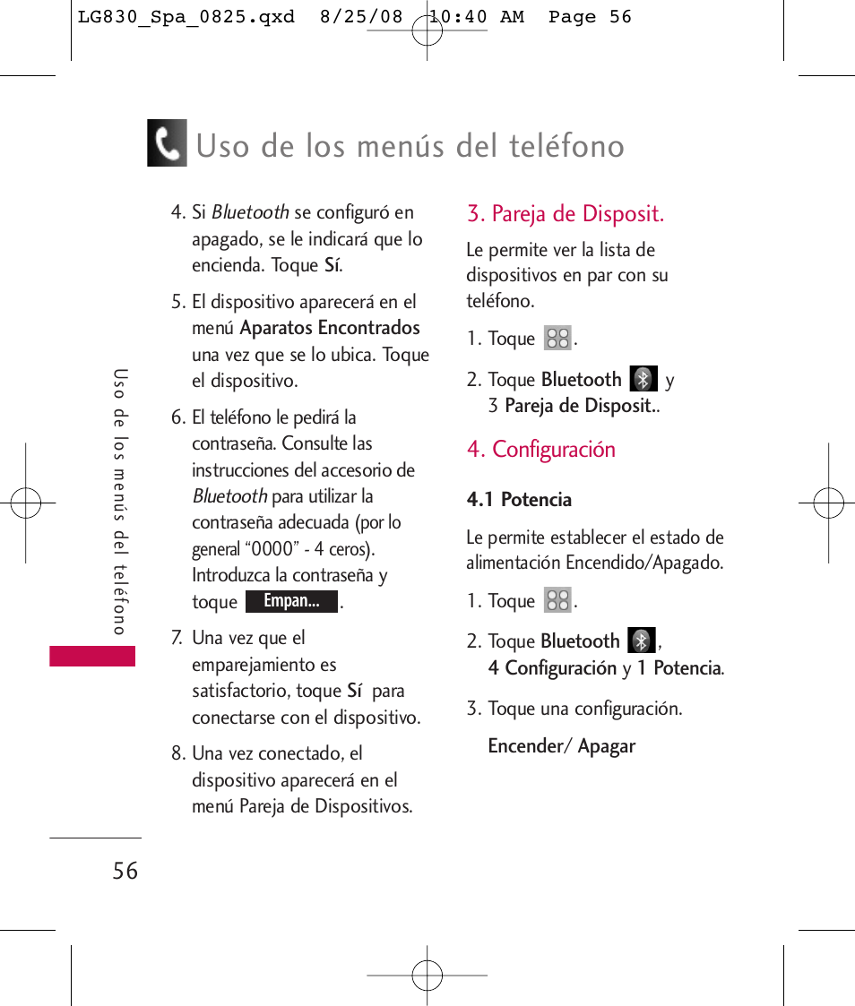 Uso de los menús del teléfono, Pareja de disposit, Configuración | LG LG830 User Manual | Page 183 / 255