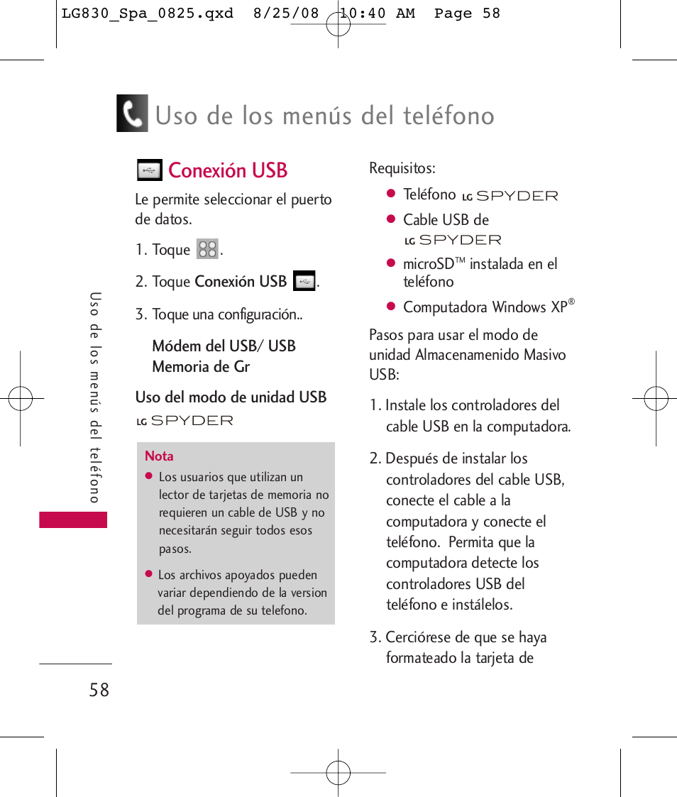 Uso de los menús del teléfono, Conexión usb | LG LG830 User Manual | Page 185 / 255