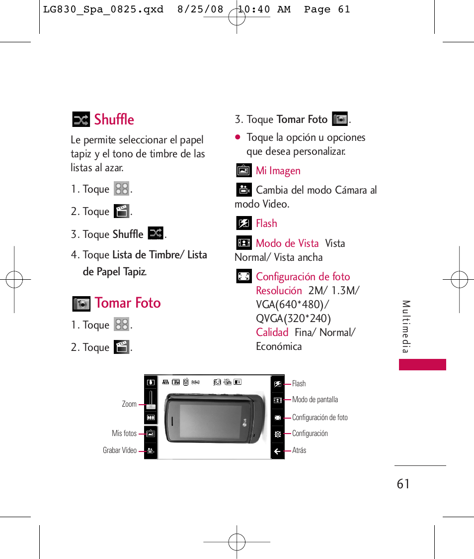 Shuffle, Tomar foto | LG LG830 User Manual | Page 188 / 255