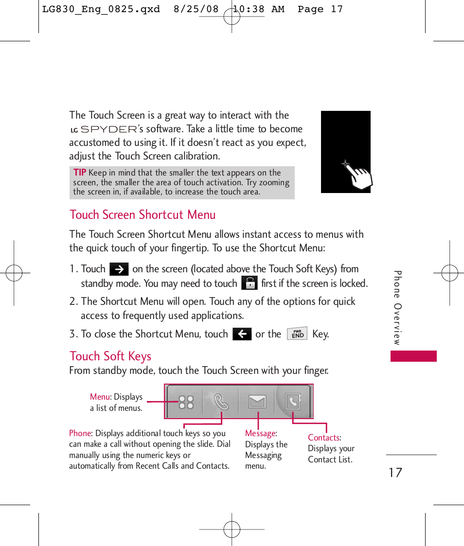 Touch screen shortcut menu, Touch soft keys | LG LG830 User Manual | Page 19 / 255