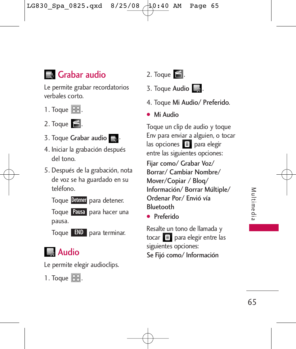 Grabar audio, Audio | LG LG830 User Manual | Page 192 / 255