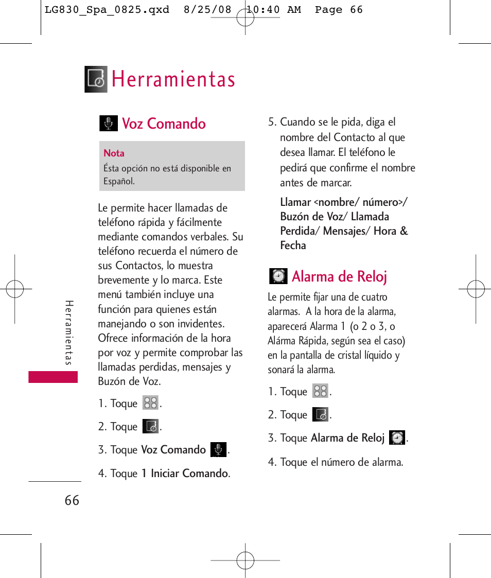 Herramientas, Voz comando, Alarma de reloj | LG LG830 User Manual | Page 193 / 255