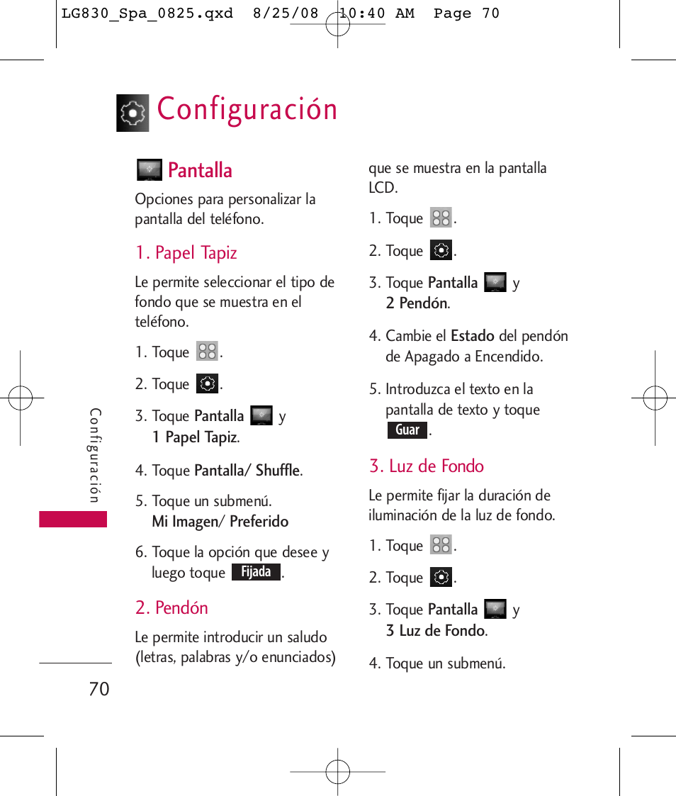 Configuración, Pantalla, Papel tapiz | Pendón, Luz de fondo | LG LG830 User Manual | Page 197 / 255