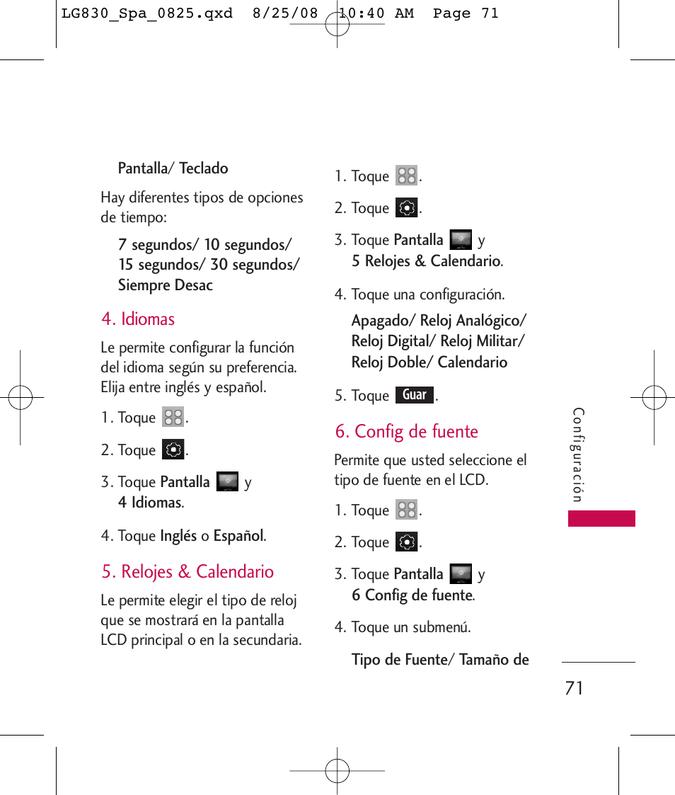 Idiomas, Relojes & calendario, Config de fuente | LG LG830 User Manual | Page 198 / 255