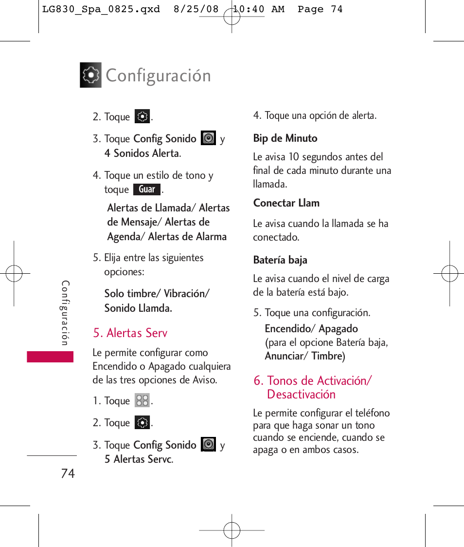 Configuración, Alertas serv, Tonos de activación/ desactivación | LG LG830 User Manual | Page 201 / 255