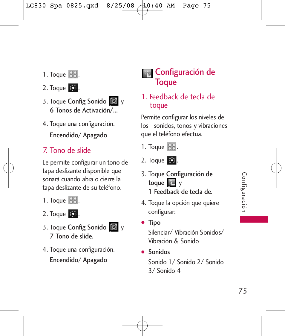 Configuración de toque, Tono de slide, Feedback de tecla de toque | LG LG830 User Manual | Page 202 / 255