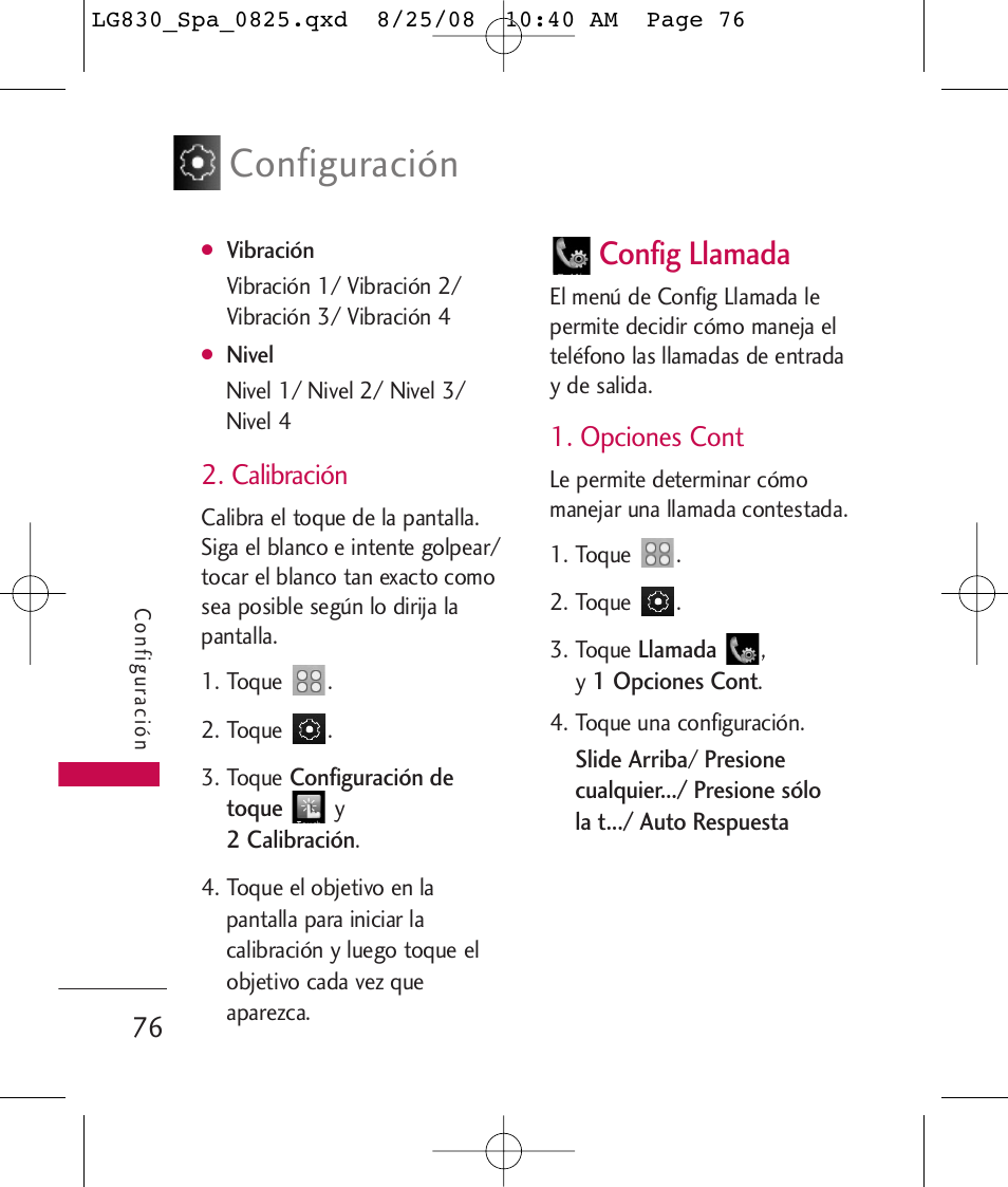 Configuración, Config llamada, Calibración | Opciones cont | LG LG830 User Manual | Page 203 / 255