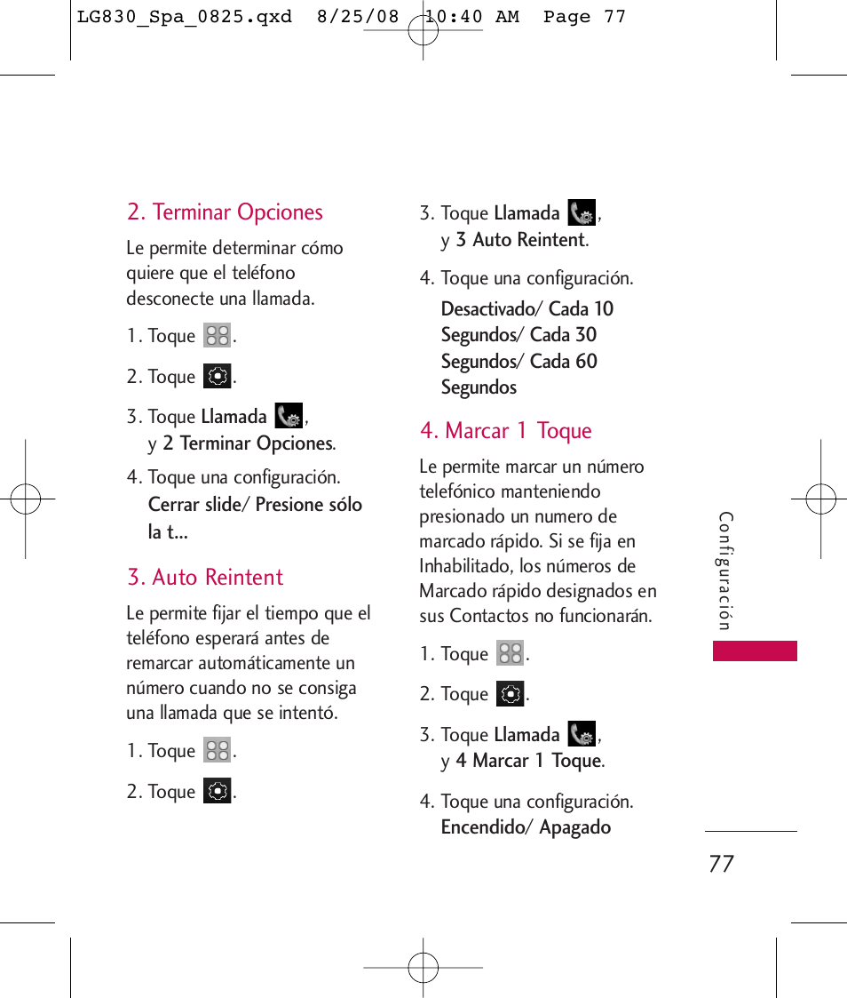 Terminar opciones, Auto reintent, Marcar 1 toque | LG LG830 User Manual | Page 204 / 255