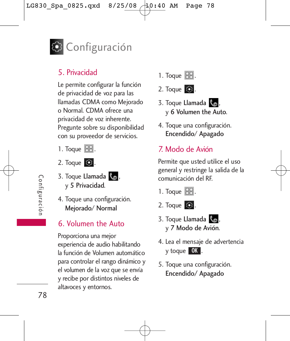 Configuración, Privacidad, Volumen the auto | Modo de avión | LG LG830 User Manual | Page 205 / 255