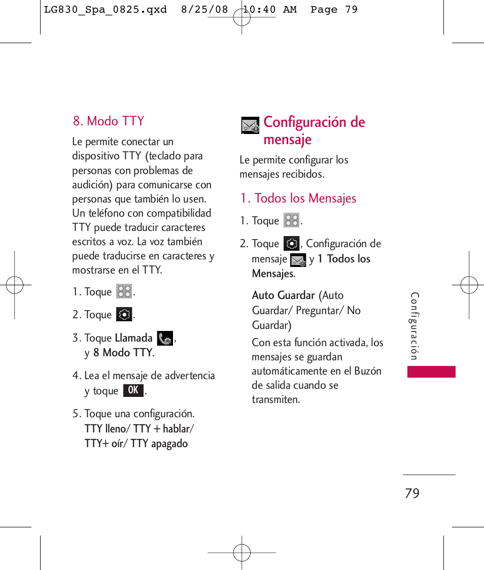 Configuración de mensaje, Modo tty, Todos los mensajes | LG LG830 User Manual | Page 206 / 255