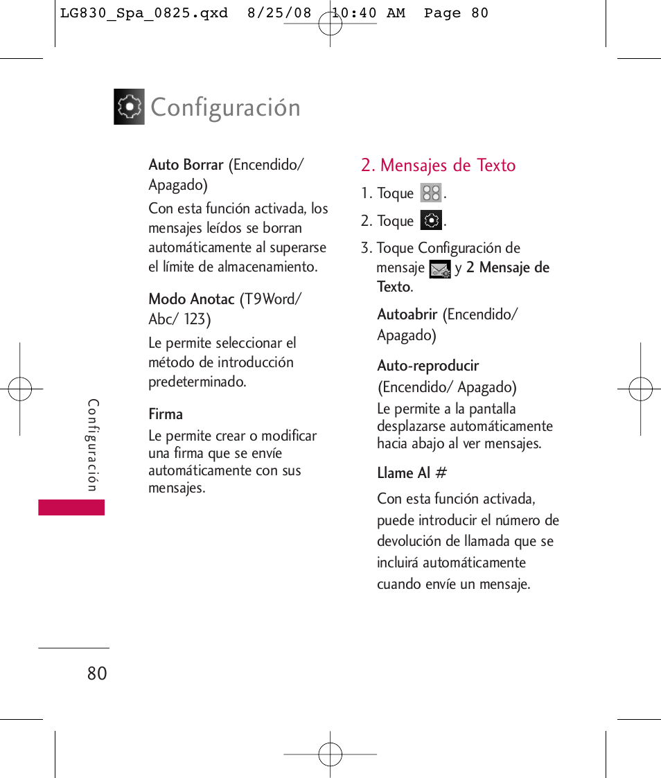 Configuración, Mensajes de texto | LG LG830 User Manual | Page 207 / 255