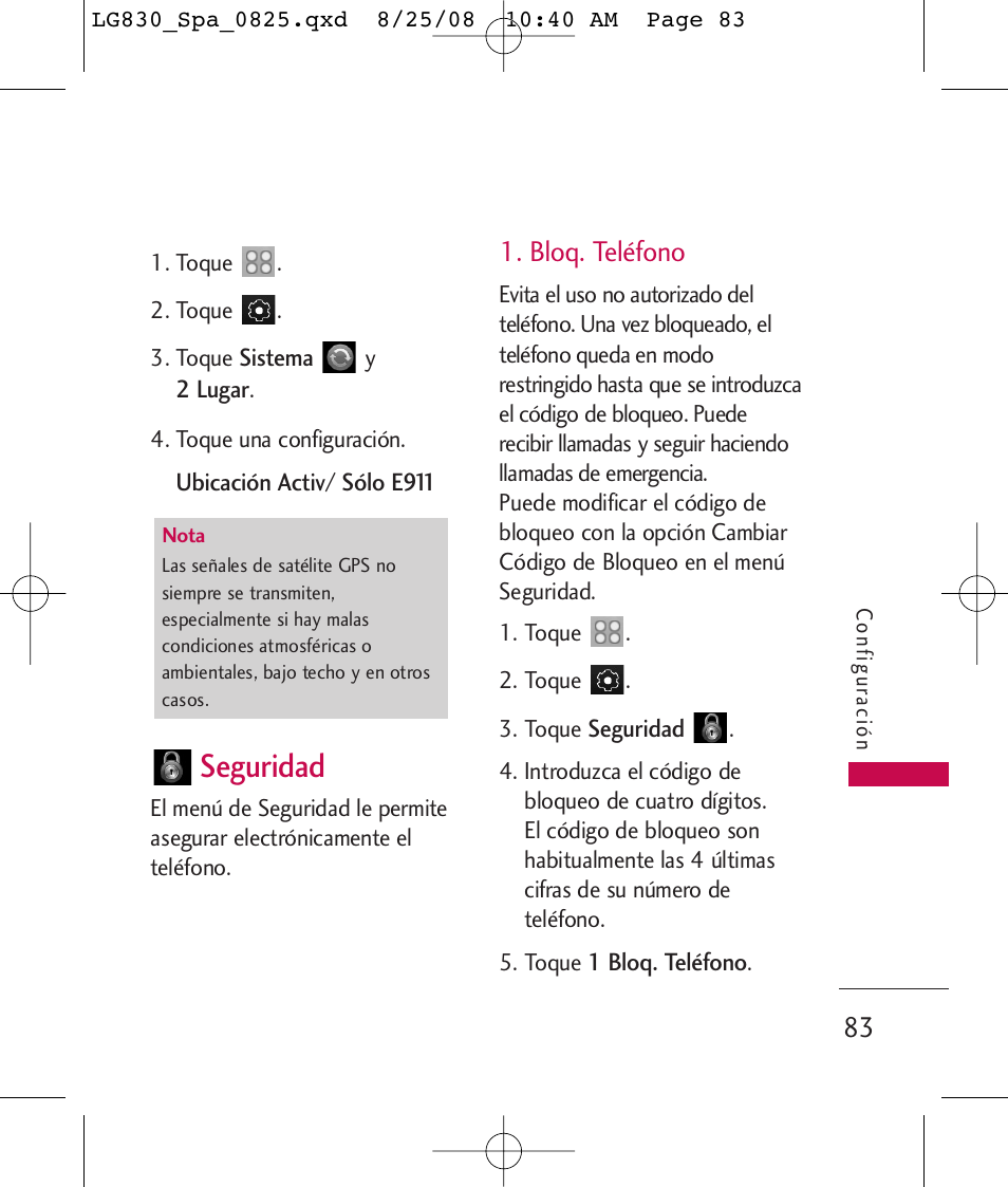 Seguridad, Bloq. teléfono | LG LG830 User Manual | Page 210 / 255