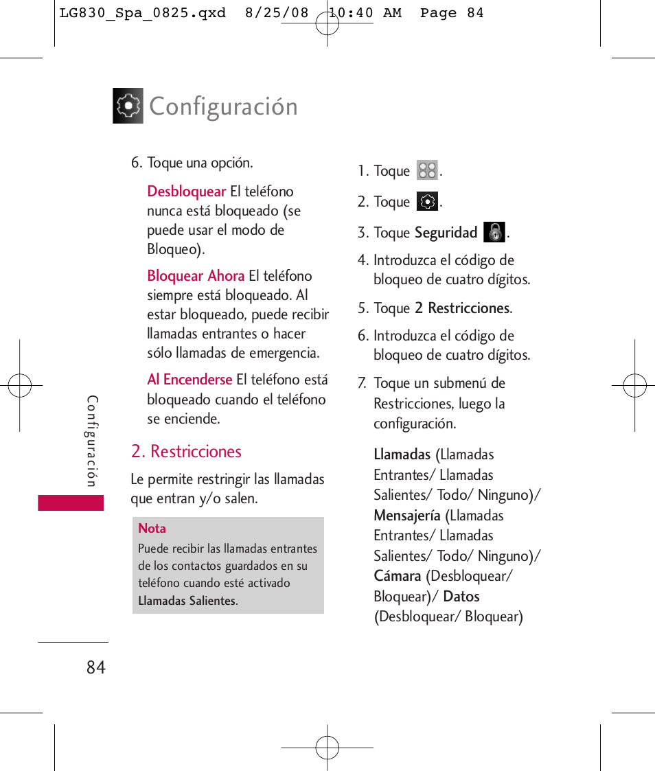 Configuración, Restricciones | LG LG830 User Manual | Page 211 / 255