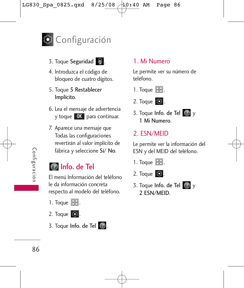 Configuración, Info. de tel, Mi numero | Esn/meid | LG LG830 User Manual | Page 213 / 255