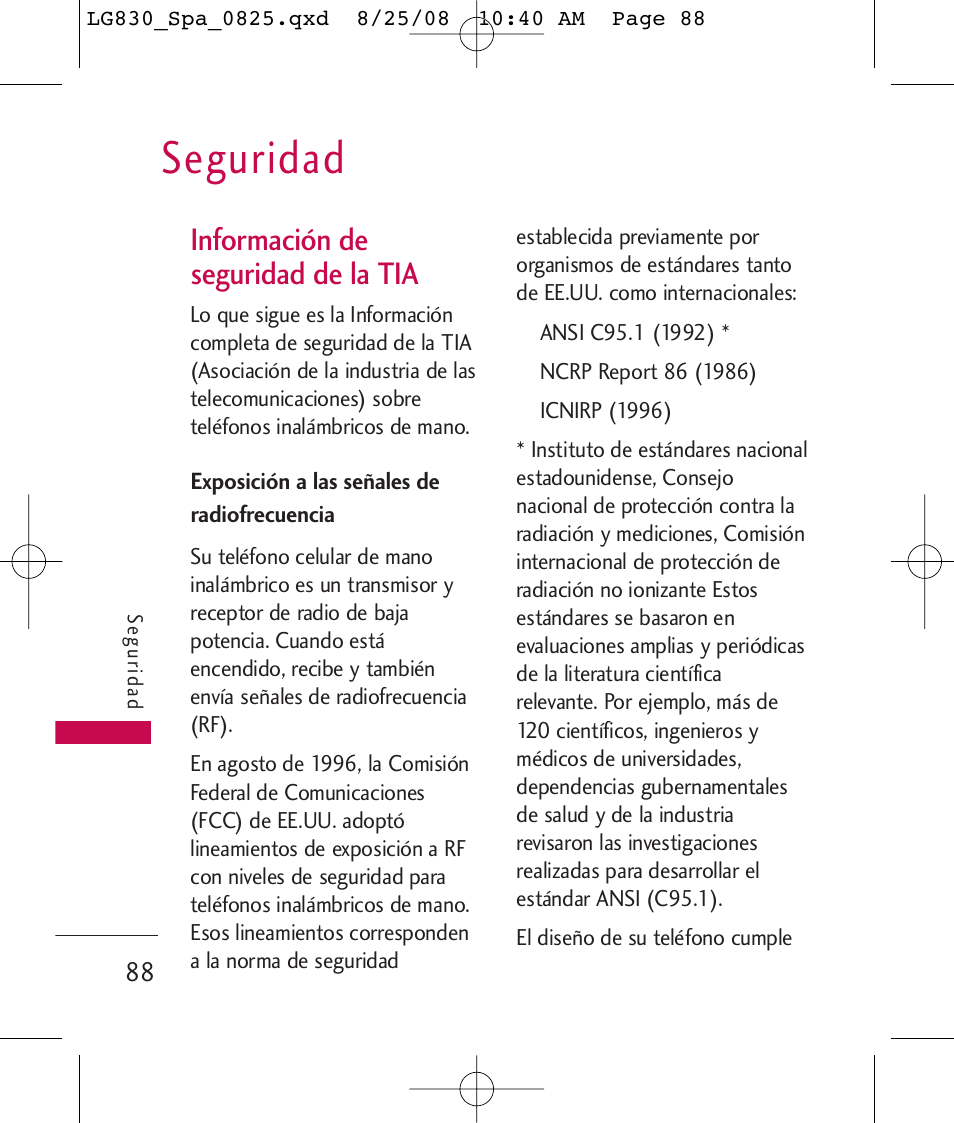 Seguridad, Información de seguridad de la tia | LG LG830 User Manual | Page 215 / 255