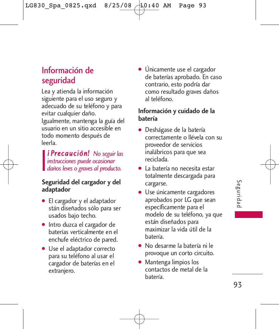 Información de seguridad, Pprreeccaauucciióónn | LG LG830 User Manual | Page 220 / 255