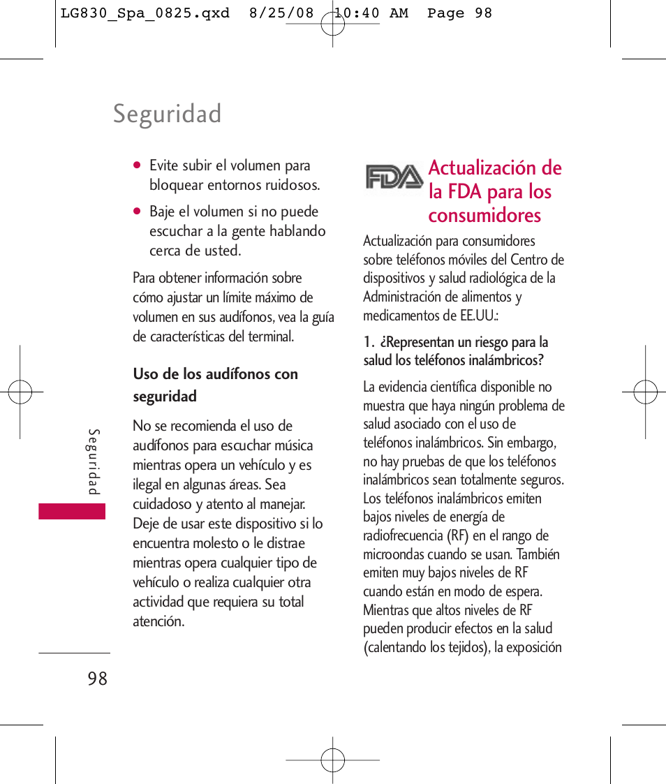 Seguridad, Actualización de la fda para los consumidores | LG LG830 User Manual | Page 225 / 255