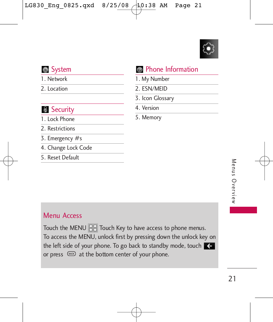 System, Security, Phone information | Menu access | LG LG830 User Manual | Page 23 / 255