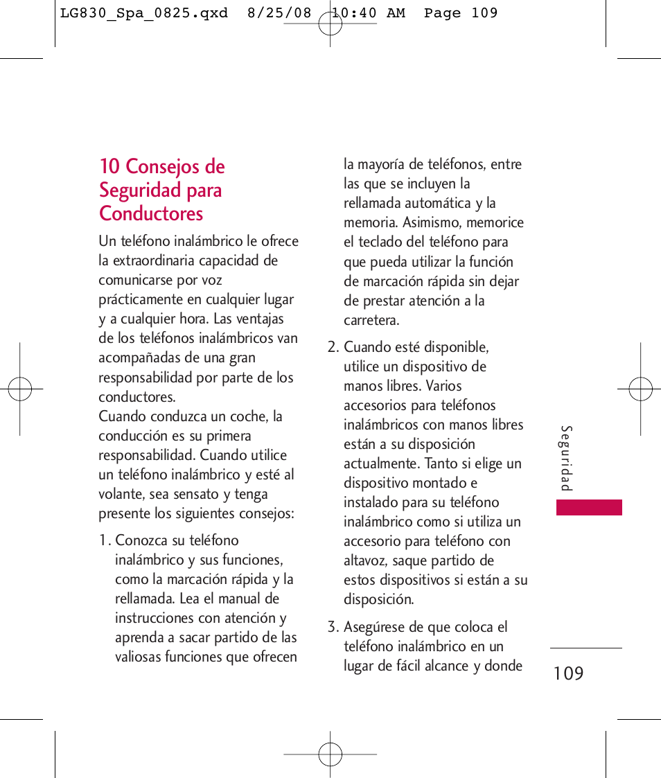 10 consejos de seguridad para conductores | LG LG830 User Manual | Page 236 / 255