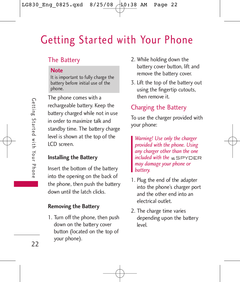 Getting started with your phone, The battery, Charging the battery | LG LG830 User Manual | Page 24 / 255